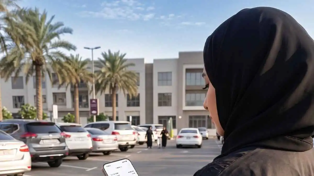 إماراتية تتابع عملية سداد موقف السيارات في إحدى مناطق دبي