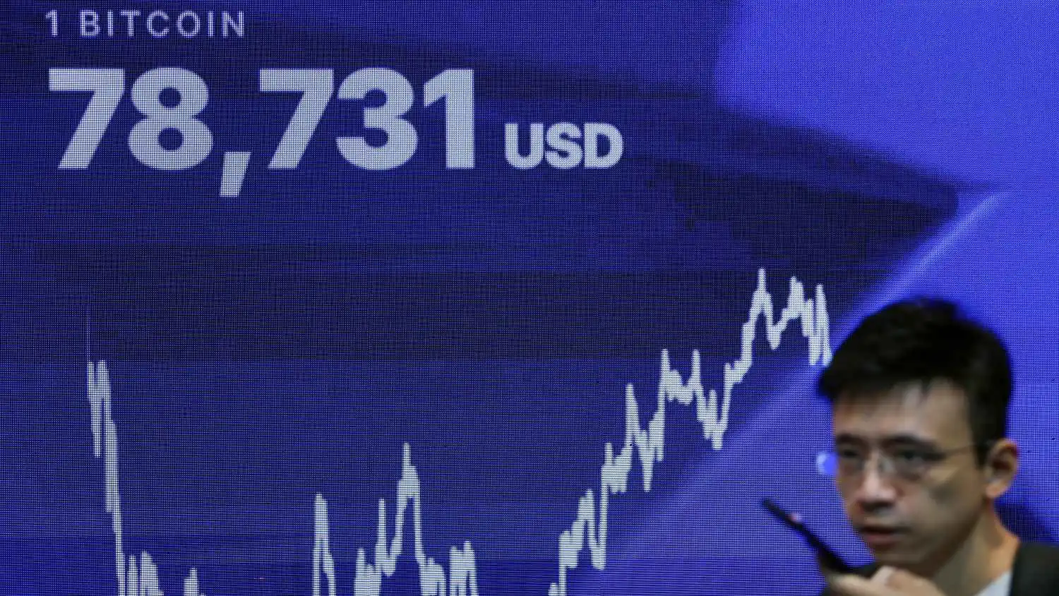 يمشي أمام شاشة إلكترونية تعرض سعر «بيتكوين» في هونغ كونغ، الصين، 27 أغسطس 2026.