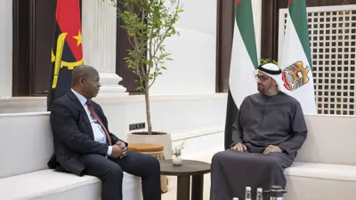 من لقاء الشيخ محمد بن زايد آل نهيان، رئيس دولة الإمارات، وجواو مانويل غونسالفس لورينسو، رئيس جمهورية أنغولا، يوم 25 أغسطس 2025.