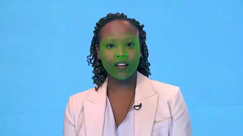 وجه ممثلة أثناء إعداد مقطع فيديو لإعادة توليد ملامحها رقمياً بتقنية (DeepFake)، في لندن، بريطانيا، بتاريخ 12 فبراير 2019.