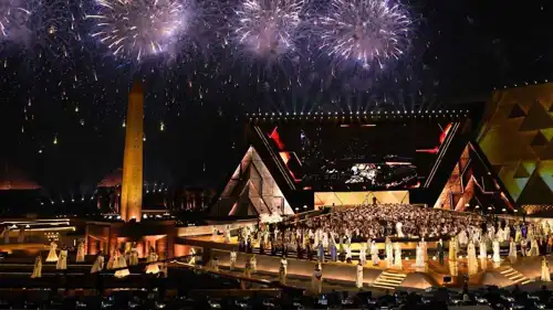 خلال حفل افتتاح المتحف المصري الكبير غرب العاصمة المصرية القاهرة يوم 1 نوفمبر 2025. 