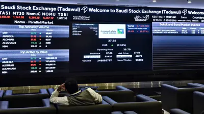 مستثمر يتابع شاشة تداول في السوق السعودية تعرض أسهم «أرامكو»، الرياض، 12 ديسمبر 2019