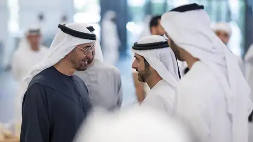 رئيس دولة الإمارات الشيخ محمد بن زايد آل نهيان وولي عهد دبي الشيخ حمدان بن راشد آل مكتوم في افتتاح محطة قطارات الاتحاد في دبي