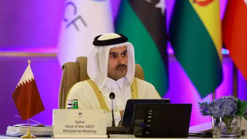 وزير الطاقة القطري سعد الكعبي خلال الاجتماع الوزاري السابع والعشرين لمنتدى الدول المصدرة للغاز في العاصمة الدوحة يوم 23 أكتوبر 2025
