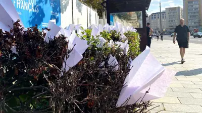 يمر أمام طائرات ورقية موضوعة في إشارة إلى شعار "تيليغرام" دعماً لمؤسس التطبيق بافيل دوروف، خارج السفارة الفرنسية في العاصمة الروسية موسكو يوم 25 أغسطس 2024