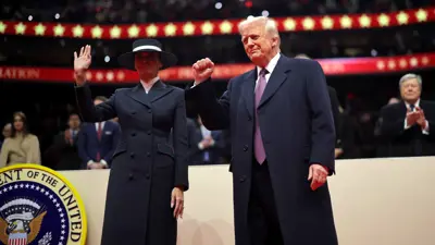 الرئيس الأميركي وزوجته يحضران موكب التنصيب في ولايته الرئاسية الثانية، في واشنطن، الولايات المتحدة الأميركية 20 يناير 2025.