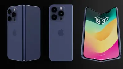 ثلاث لقطات مختلفة لنموذج هاتف أبل قابل للطي، موضوع على خلفية سوداء.