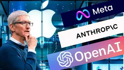 تيم كوك، الرئيس التنفيذي لأبل وخلفه شعار الشركة مقابل شعارات شركات أخرى متخصصة بالذكاء الاصطناعي لإبداء جوّ المنافسة
