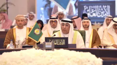  الأمين العام لمجلس التعاون لدول الخليج العربية جاسم البديوي خلال كلمة بالاجتماع الوزاري الـ68 للجنة التعاون التجاري في 30 أبريل 2025 في الكويت