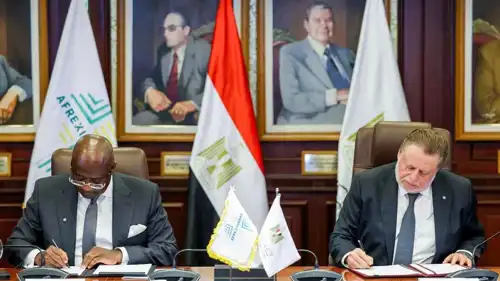 محافظ البنك المركزي المصري، حسن عبد الله  ورئيس بنك التصدير والاستيراد الإفريقي جورج إيلومبي خلال توقيع مذكرة التفاهم، القاهرة ، مصر 29 ديسمبر 2025