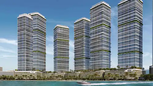 تصميم هندسي يظهر ستة أبراج ساحلية شاهقة لمشروع «لينار» من مجموعة «ألِف» على واجهة الممشى المائي في الشارقة.
