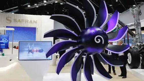 محرك CFM RISE من إنتاج Safran وGE معروض في معرض باريس الجوي الـ54 بمطار لو بورجيه، فرنسا، 21 يونيو 2023.