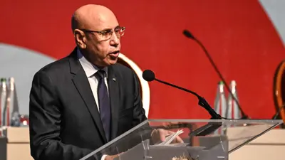 الرئيس الموريتاني محمد ولد الشيخ الغزواني يلقي كلمته خلال الجمعية الاقتصادية التنموية الافتتاحية في أبيدجان في 10 أكتوبر 2024