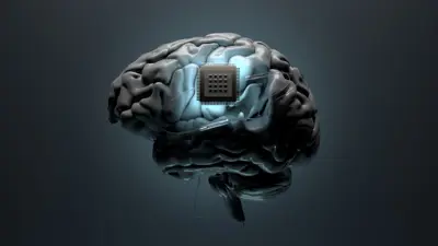 تظهر الصورة مجسماً لدماغ بشري على خلفية زرقاء داكنة يحمل شريحة إلكترونية مضيئة.