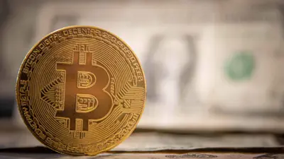 رسم توضيحي لعملة بيتكوين على أوراق الدولار الأميركي، 13 يناير 2020 - أيندهوفن - هولندا